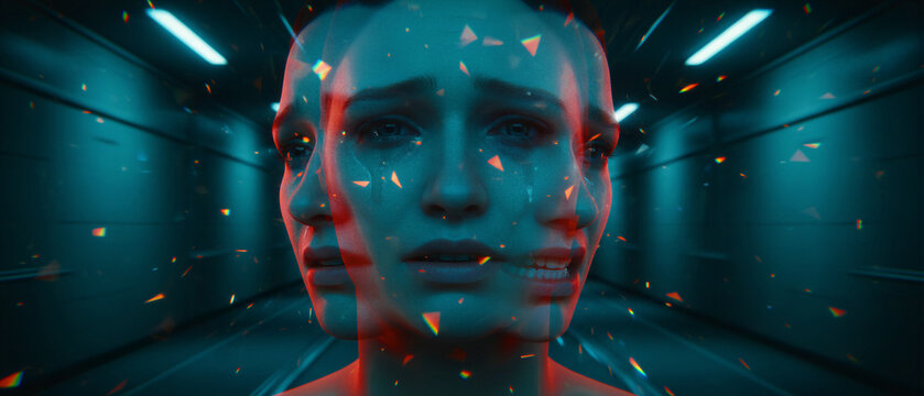 Woman with overlapping facial expressions in a futuristic corridor. Glitch effects symbolize mental health struggles and fragmentation. Psychological distress concept for digital identity themes.