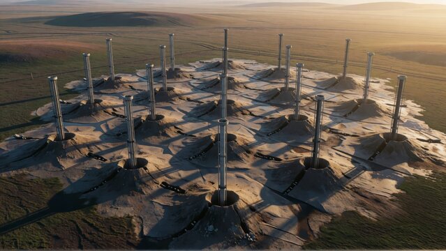 Aerial view of a futuristic antenna array installation in a vast desert landscape at sunset