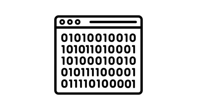 A vector image of a web browser window displaying binary code lines representing software development, computer programming, data processing, and digital technology concepts.