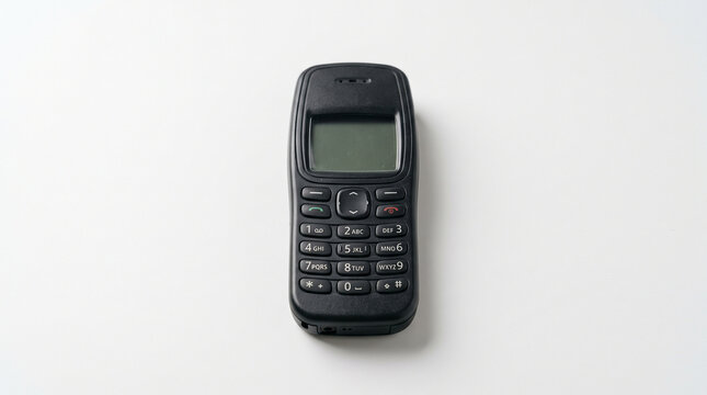 A classic vintage black mobile phone isolated on a white background.