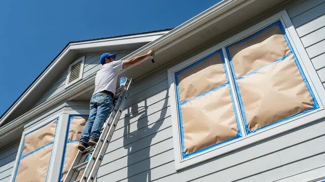 Professional painter painting the exterior trim of a house while standing on a ladder
