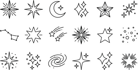 Hand drawn stars and sparkles line icons set with crescent moon shooting stars and constellation © Sabbir Studio