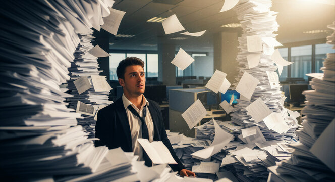 Stressed businessman standing amidst massive stacks of paper flying in an office. Overwhelmed worker looking at chaotic paperwork whirlwind. Business burnout concept for workload management ads.