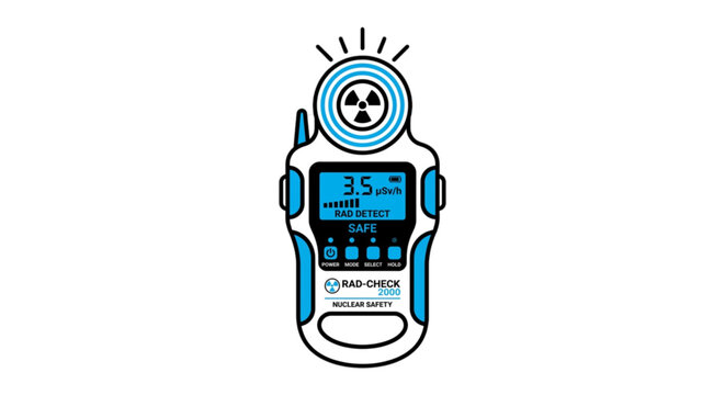 A detailed radiation detector or geiger counter vector image showing safety monitoring equipment with a clear digital screen and radioactive warning symbol.