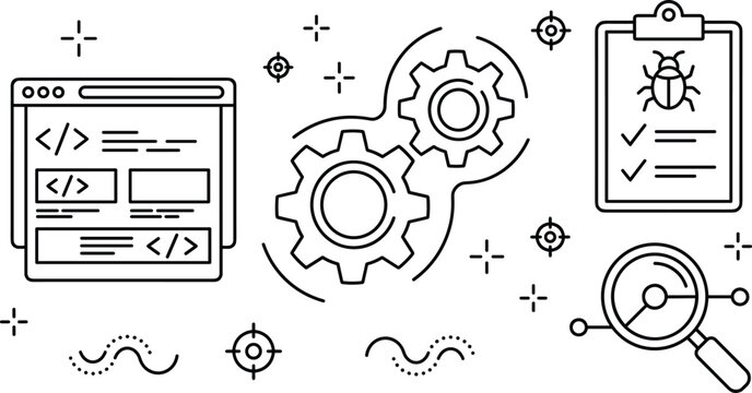 Software development and website optimization line icons set with code gears clipboard bug and magnifier