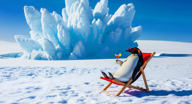 Emperor penguin in sunglasses relaxing on a red deck chair. Bird holds a tropical cocktail amid an Antarctic ice landscape. Humorous vacation concept for travel ads and climate change irony.