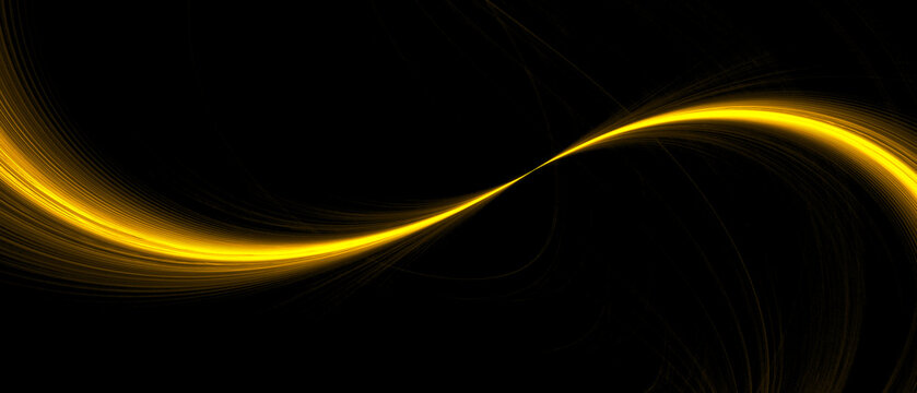Elegant golden light wave swirling gracefully on a dark black background. Abstract luxury glowing line trail with shimmering silk texture, perfect for premium design and copy space template