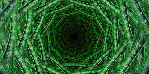 Fototapeta premium Abstract green fractal tunnel background. Intricate spiral vortex of interwoven textured lines leading to a dark center, perfect for technology, sci-fi, and organic pattern concepts