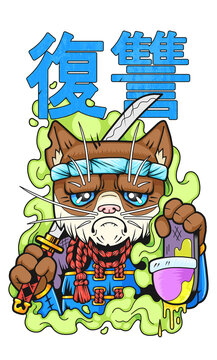 Cute samurai cat, illustration design
