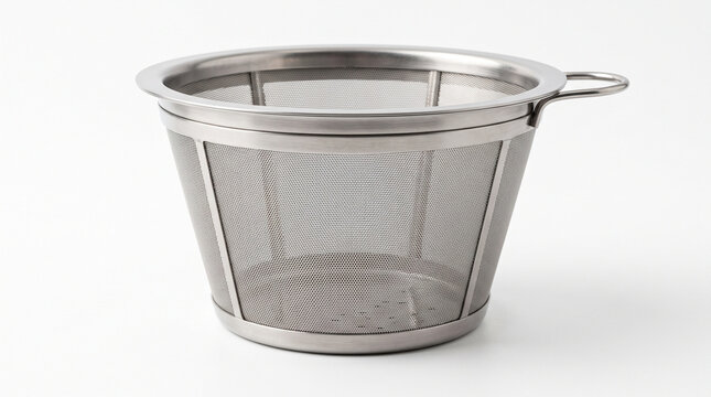 A stainless steel mesh filter basket for coffee or tea brewing isolated on white.