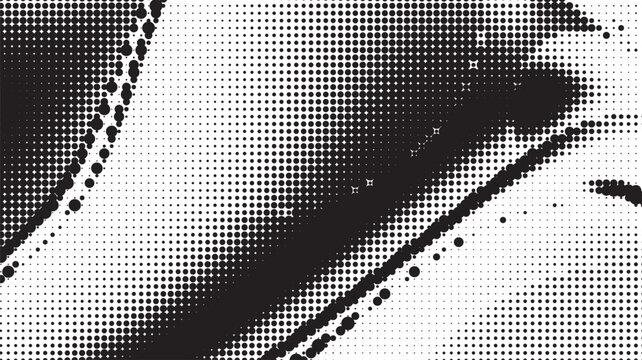 Abstract black and white halftone pattern with dots and wavy lines forming a vintage comic book style graphic texture design