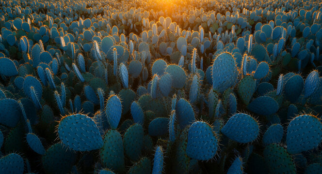 Field of prickly pear cacti glowing under golden sunset light. Dense cluster of desert succulents with sharp spines backlit by the sun. Botanical nature theme ideal for travel and environment.