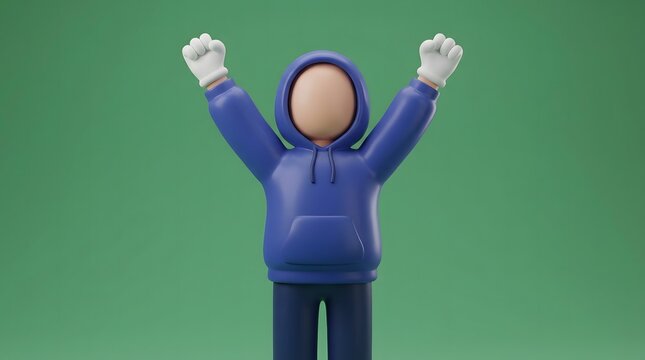 3d cartoon character in blue hoodie with raised fists