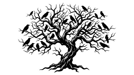 Fototapeta premium Silhouette of a flock of crows and ravens perched on the twisted branches of a gnarled bare tree, isolated on white background vector illustration