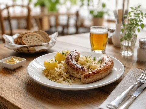 Sausages with potatoes and sauerkraut on a plate in a restaurant with beer