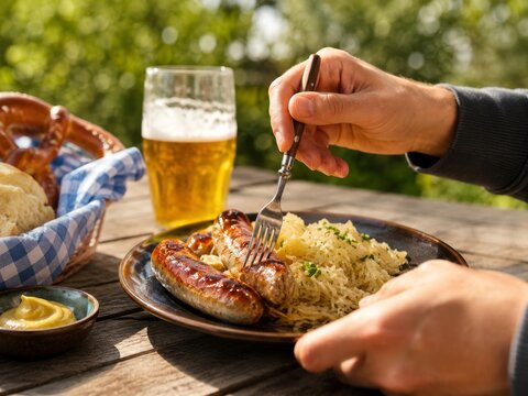 Disfrutar de una comida al aire libre con salchichas y cerveza en un d&iacute;a soleado