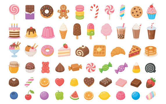 Set of colorful sweet dessert icons and candy illustrations Vector, illustration