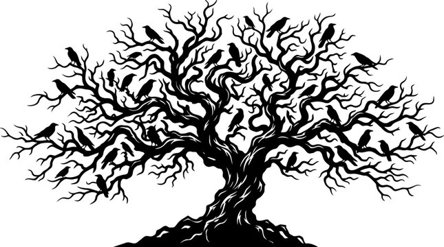 Black and White Vector Illustration of a Gnarled Goth Tree Silhouette with a Flock of Crows Perching on Twisted Leafless Branches