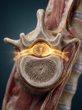 Spinal cord with glowing nerve roots in vertebral column