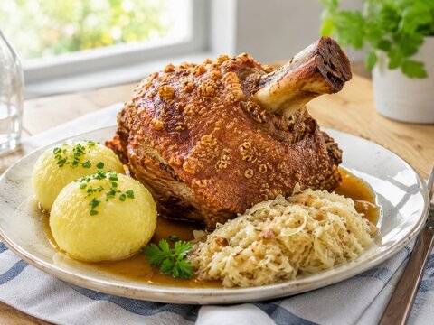 Plato t&iacute;pico con carne de cerdo, pur&eacute; de papas y chu sauerkraut en una mesa iluminada por el sol