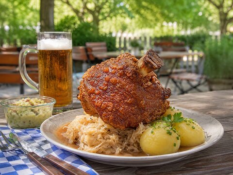 Plato de carne de cerdo con guarniciones en un restaurante al aire libre en un d&iacute;a soleado