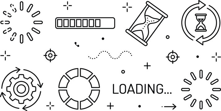 Website loading and progress status line icons set with progress bar hourglass spinner and gears