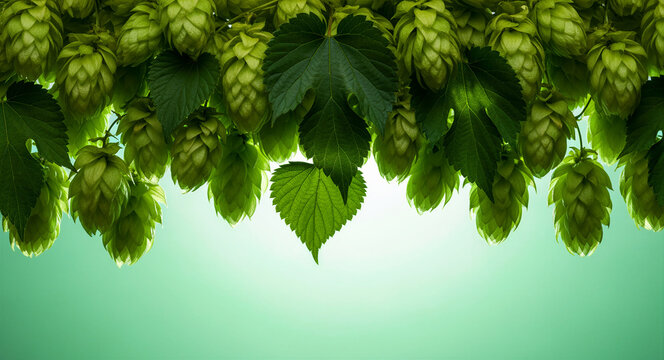 Fresh green hop cones and leaves hanging over a bright gradient background. Close-up of Humulus lupulus plant used for beer production. Brewing ingredient concept for craft beer marketing.
