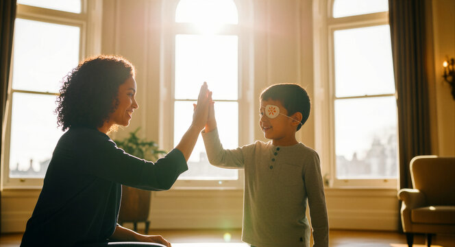 Mother and son with eye patch sharing high five in sunlit room. Diverse woman supporting child during vision therapy. Pediatric wellness theme for medical and health marketing campaigns.