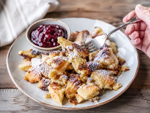 Deliciosa comida en un plato con mermelada al lado en una mesa de madera