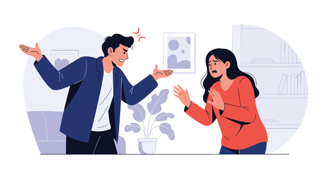 Angry young man shouting at a scared woman during a heated argument inside their living room illustration.
