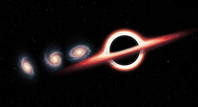 A black hole with swirling accretion disk and distorted galaxies