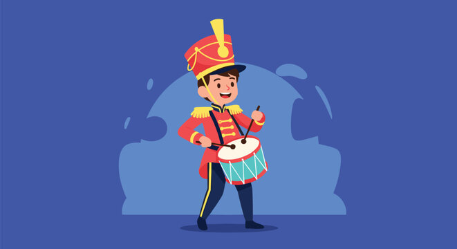 Cheerful young boy in a classic red marching band uniform with hat playing a drum with drumsticks.