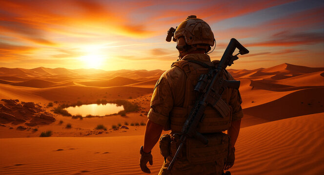 Soldier in tactical gear overlooks a desert oasis at sunset. Special forces operator stands on a sand dune with a rifle. Military security concept, ideal for defense and strategic marketing.