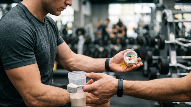 Athletic man preparing protein shake and vitamin supplements in a modern gym environment.