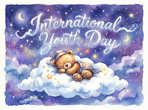 Watercolor illustration for international youth day showing adorable teddy bear sleeping on fluffy white cloud in starry purple sky with clouds and moon elements in soft dreamy art style.