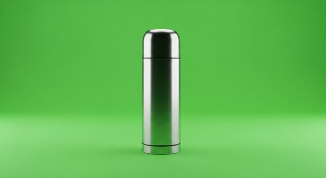 A shiny metal thermos stands upright on a green surface against a green backdrop.