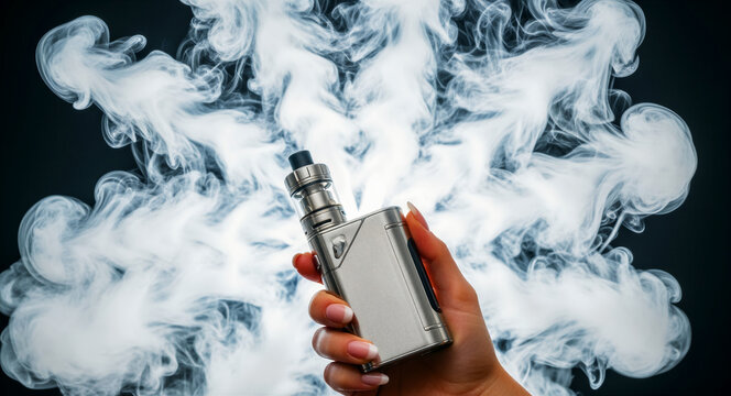 Hand holding a silver electronic cigarette mod against thick smoke. Vaping device with tank emitting dense vapor clouds. Smoking alternative concept, ideal for lifestyle and health marketing.