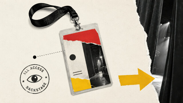 Music festival backstage pass collage with a clear lanyard badge showing a stage view clip alongside an all access stamp graphic