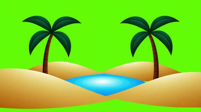 Flat Vector Desert Oasis with Swaying Palm Trees and Water Pond Loop Animation on Green Screen Background
