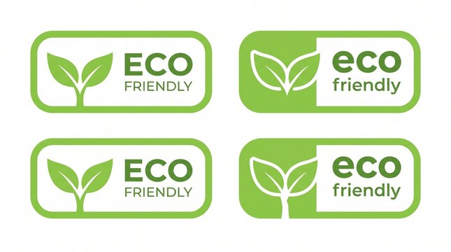 Eco friendly labels set featuring green leaf icons and simple typography inside rectangular frames for sustainable product branding and natural packaging design isolated on white