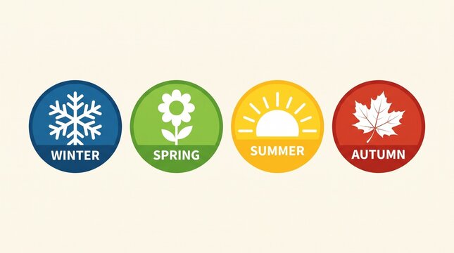 Four seasons symbols representing winter spring summer and autumn with flat colorful circular icons featuring a snowflake flower sun and leaf on a cream background