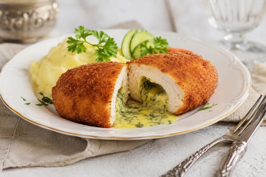 Pechuga de pollo rellena con salsa y acompa&ntilde;ada de pur&eacute; de papa en un plato