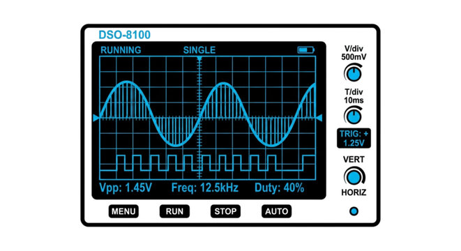 A detailed digital storage oscilloscope vector image displaying continuous sine wave and square pulse signals on a blue grid screen.