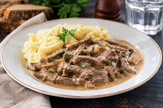 Carne con salsa y pur&eacute; en un plato con pan en la mesa