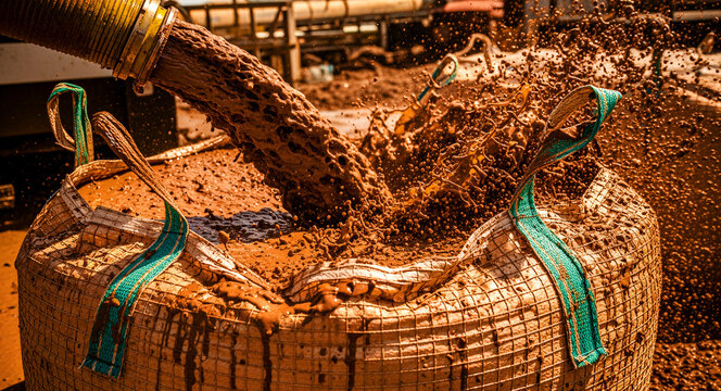 Industrial sludge pouring into a large bulk bag from a heavy-duty hose. Thick brown liquid splashing during waste management operations. Waste disposal and environmental cleanup concept.