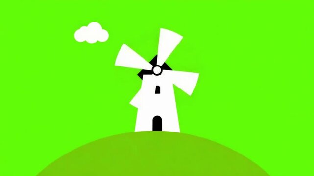 Minimalist Vector Windmill on Green Hill Animation with Spinning Blades on Chroma Key Green Screen
