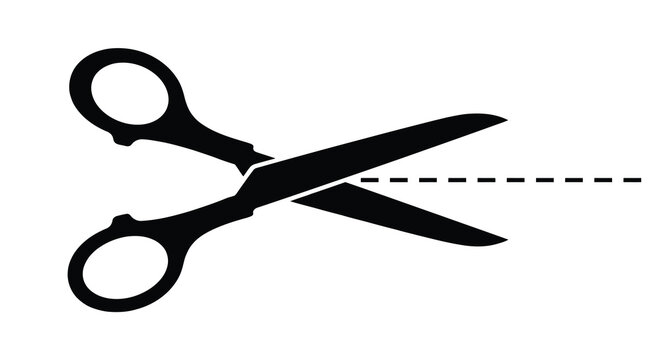 Open scissors cutting a dashed line a stark black silhouette against a white background shear snip blade steel