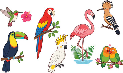  Colorful Tropical Birds and Exotic Wildlife Cartoon Illustration Set © SREE NOMITA RANI 1