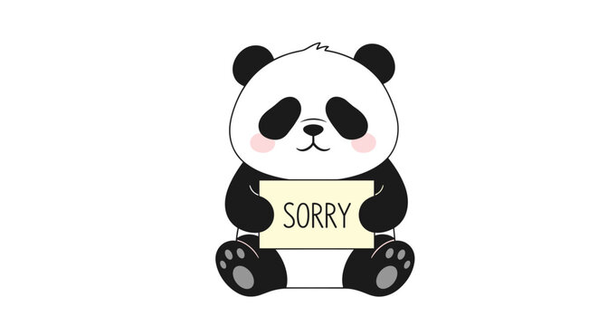 Cute cartoon panda sitting and holding a yellow sign with the word sorry written on it for an apology message in a flat vector style.