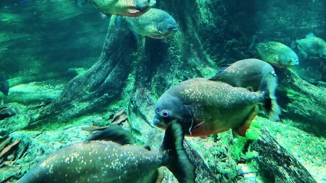 School of Piranha Fish Swimming in a Sunlit Aquarium Environment